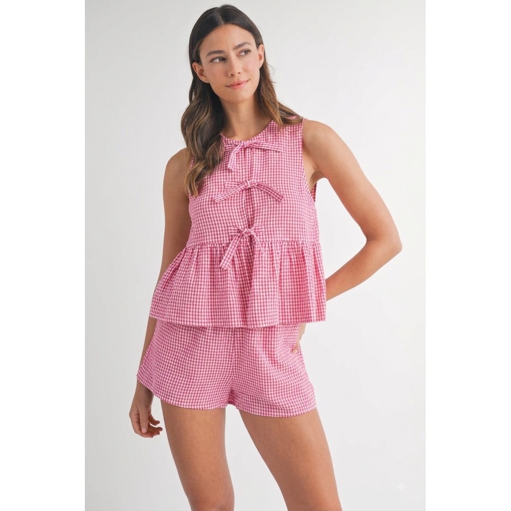 Unbranded Gingham Set Women Large Pink Bow Peplum Shorts Loungewear